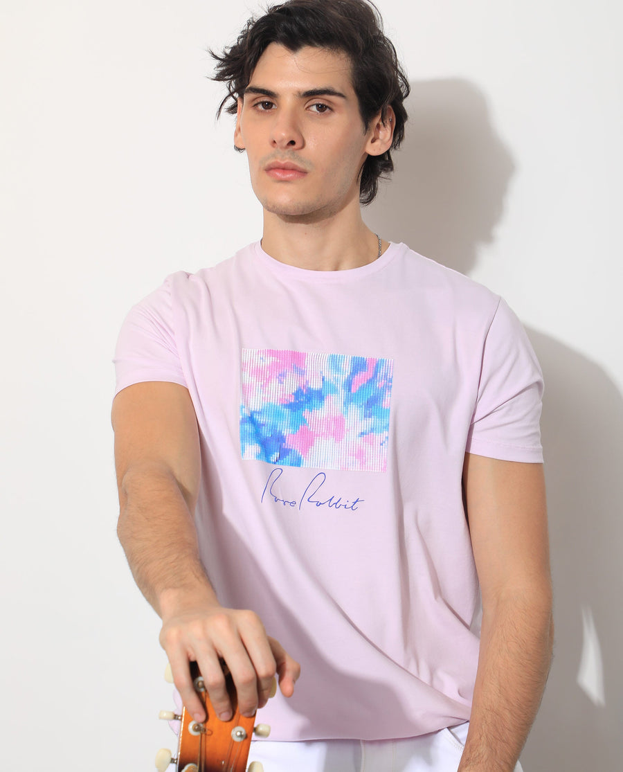 Rare Rabbit Men's Reed Pink Cotton Graphic Print Slim Fit Half Sleeve Crew Neck T-Shirt