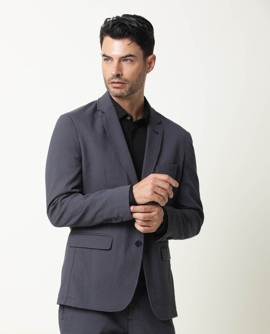 Rare Rabbit Men's Alps Navy Cotton Checked Print Tailored Fit Full Sleeve Lapel Neck Blazer