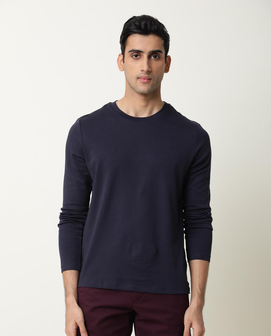 Rare Rabbit Men's Full Navy Cotton Plain Slim Fit Half Sleeve Crew Neck T-Shirt
