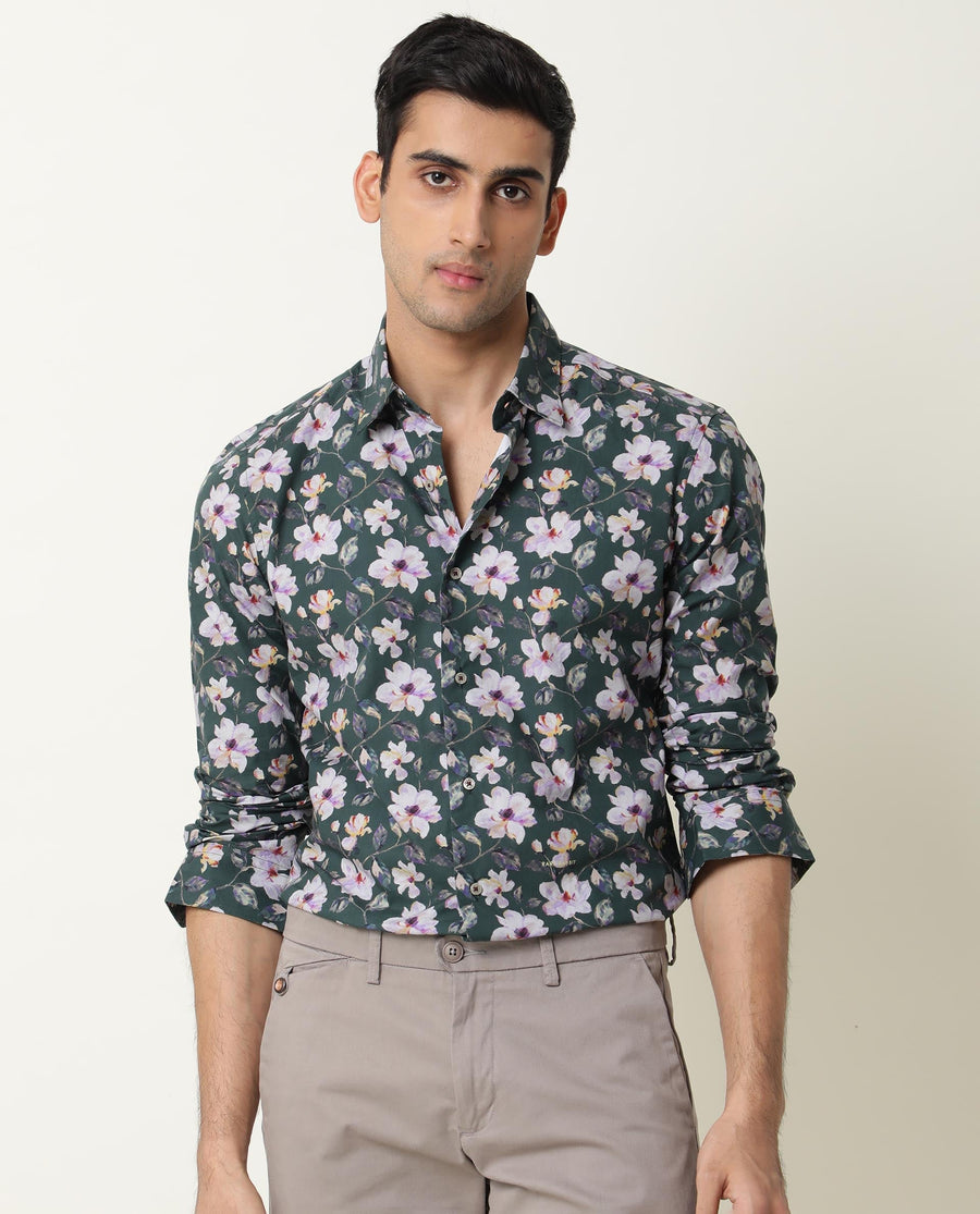Rare Rabbit Men's Paintt Green Cotton Floral Print Regular Fit Full Sleeve Collared Shirt