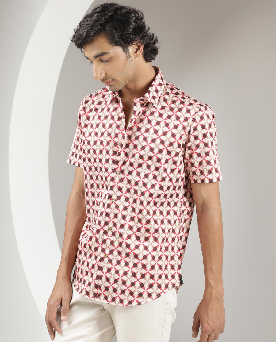Rare Rabbit Men's Stanet Pink Cotton Geometric Print Regular Fit Half Sleeve Collared Shirt