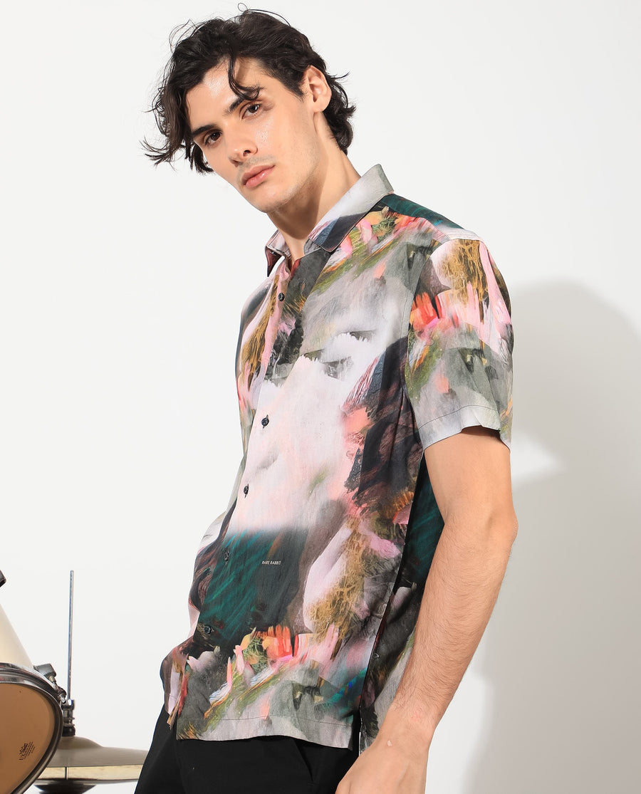Rare Rabbit Men's Painter Green Viscose Abstract Print Regular Fit Half Sleeve Collared Shirt