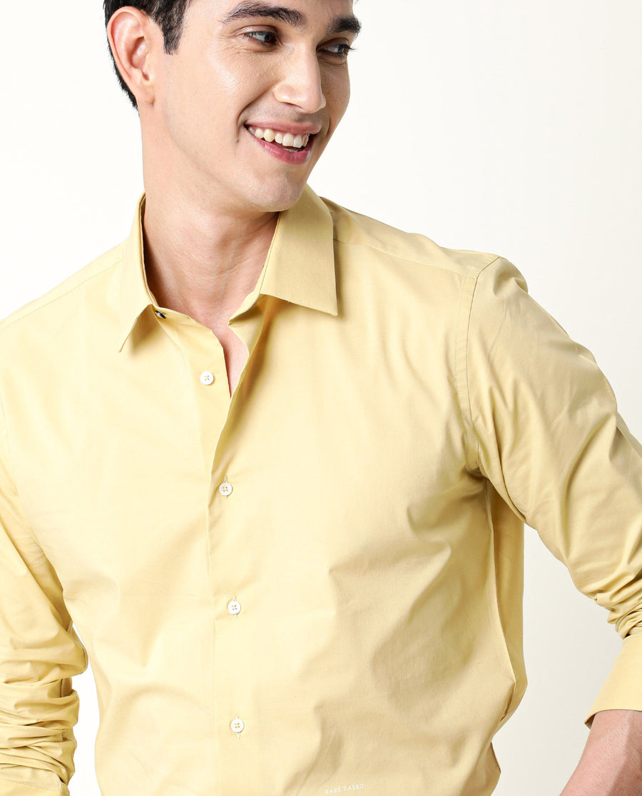 Rare Rabbit Men's Neutro Ls Mustard Cotton Plain Tailored Fit Full Sleeve Collared Shirt