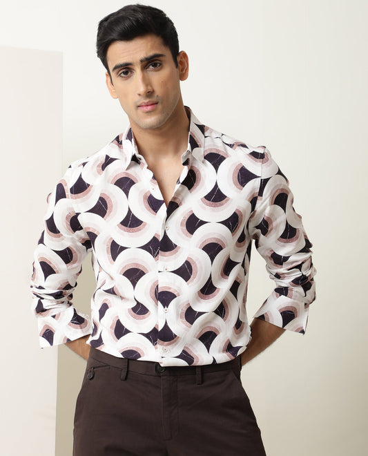 Rare Rabbit Men's Febug Off White Viscose Geometric Print Regular Fit Full Sleeve Collared Shirt