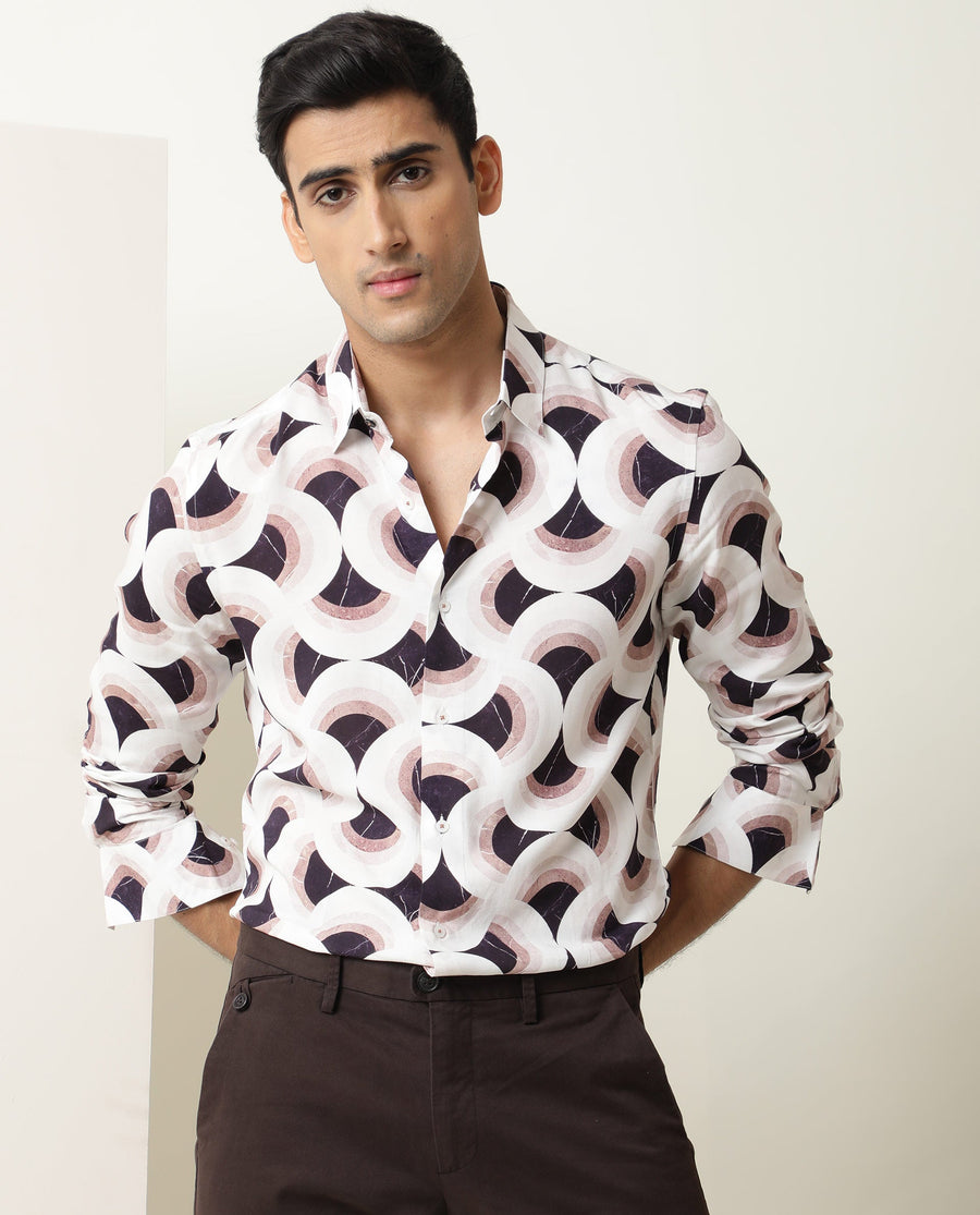 Rare Rabbit Men's Febug Off White Viscose Geometric Print Regular Fit Full Sleeve Collared Shirt
