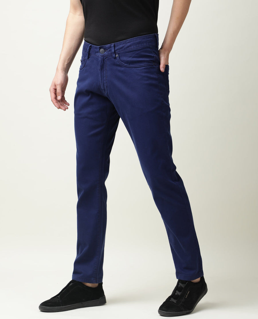Rare Rabbit Men's Fiv5 Blue Cotton Plain Slim Fit Trouser