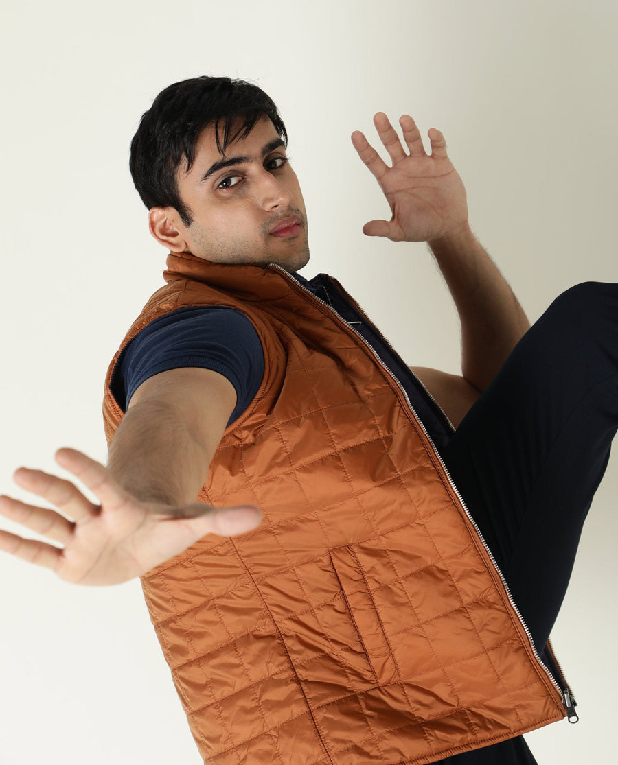 Rare Rabbit Men's Fillex Dark Blue Nylon Plain Regular Fit Sleeveless Mandarin Collar Jacket