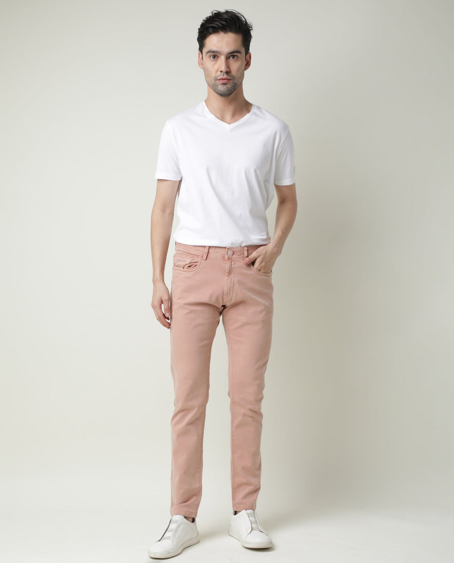 Rare Rabbit Men's Fiv5 Pink Cotton Plain Slim Fit Trouser