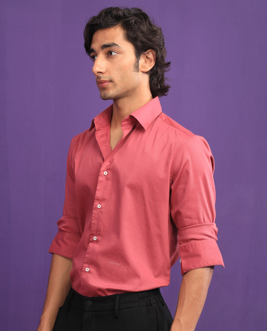 Rare Rabbit Men's Molde Dark Pink Cotton Plain Regular Fit Full Sleeve Collared Shirt