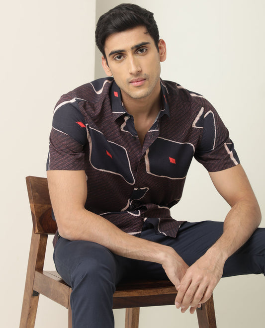 Rare Rabbit Men's Nistic Brown Viscose Geometric Print Regular Fit Half Sleeve Collared Shirt