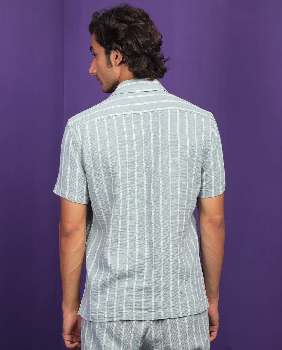 Rare Rabbit Men's Nanos Pastel Green Cotton Striped Print Regular Fit Half Sleeve Cuban Collar Shirt
