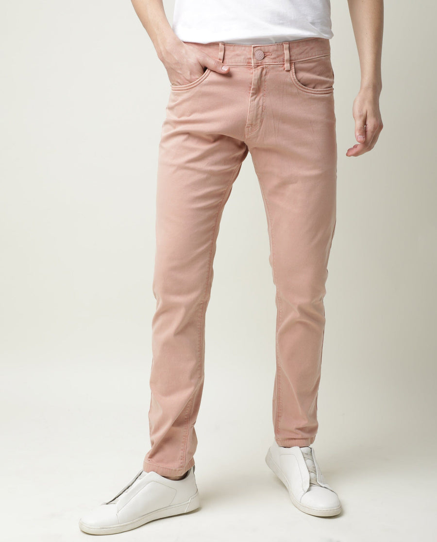 Rare Rabbit Men's Fiv5 Pink Cotton Plain Slim Fit Trouser