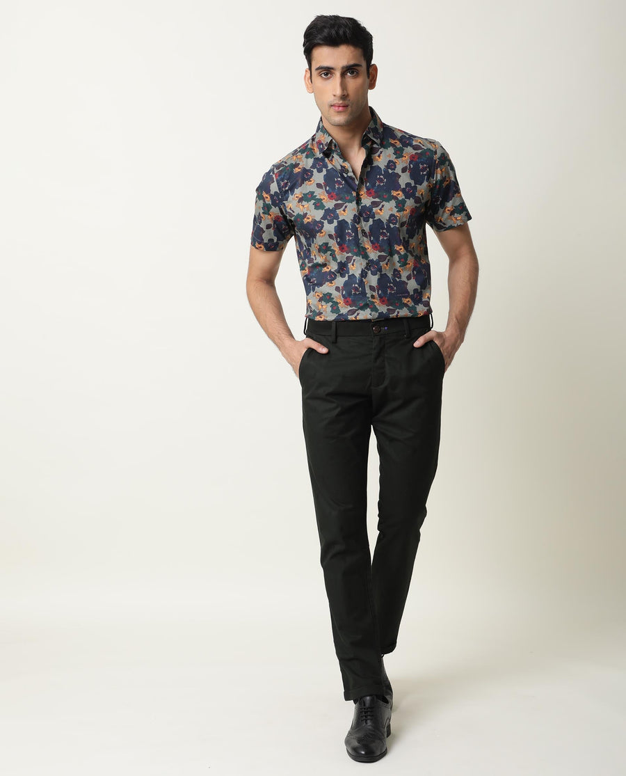 Rare Rabbit Men's Vishh Green Cotton Floral Print Regular Fit Half Sleeve Collared Shirt