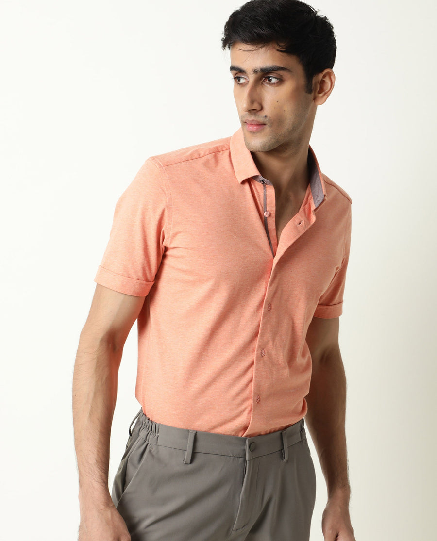 Rare Rabbit Men's Miraj Orange Cotton Plain Regular Fit Half Sleeve Collared Shirt