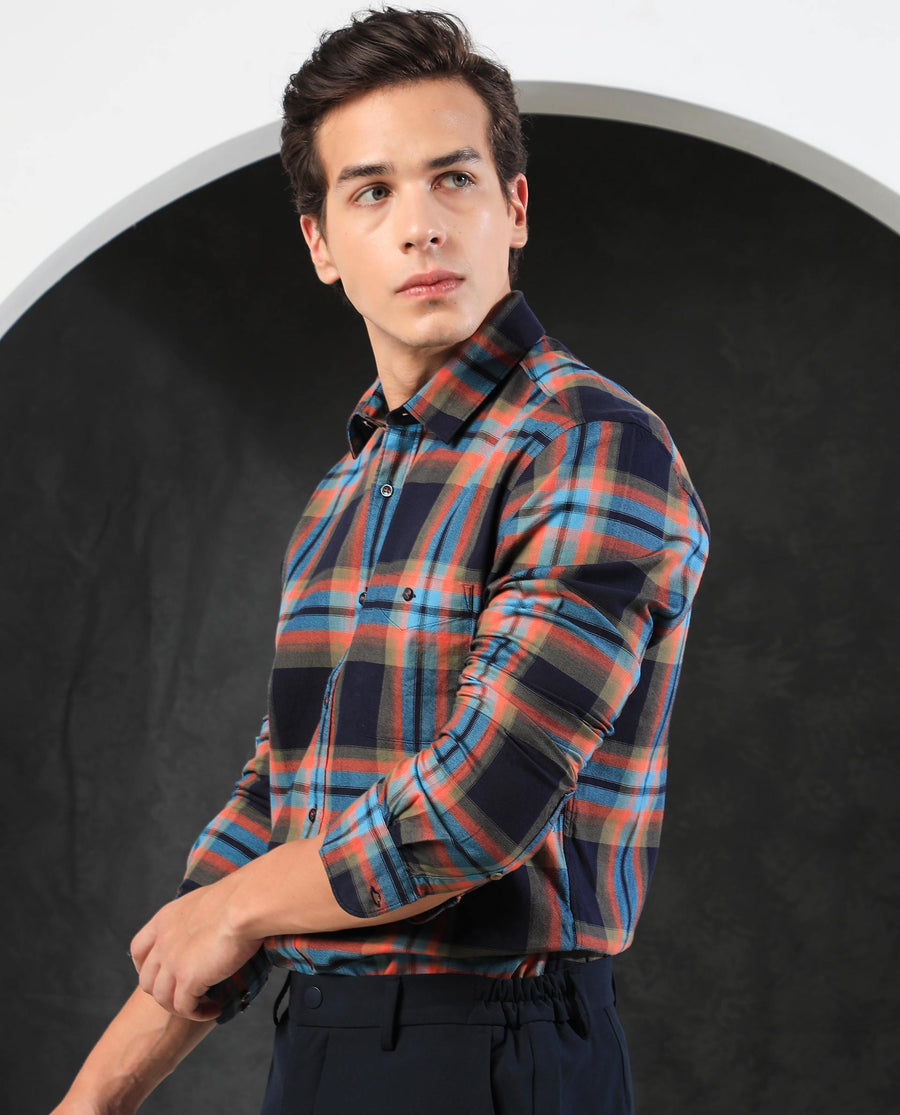 Rare Rabbit Men's Daneil Navy Cotton Checked Print Regular Fit Full Sleeve Collared Shirt