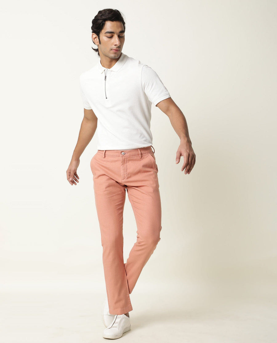 Rare Rabbit Men's Corn Pink Cotton Plain Regular Fit Trouser