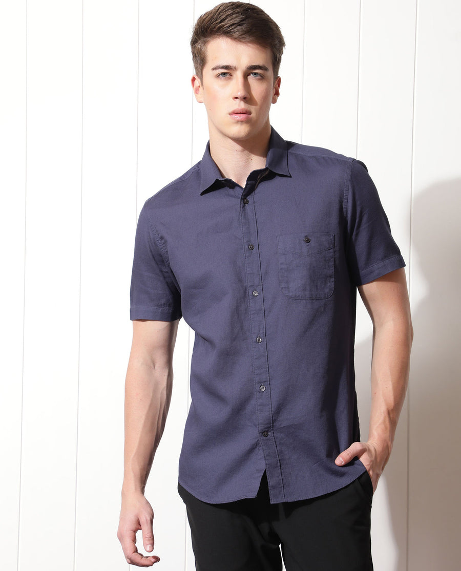 Rare Rabbit Men's Affle Dark Purple Cotton Plain Tailored Fit Half Sleeve Collared Shirt