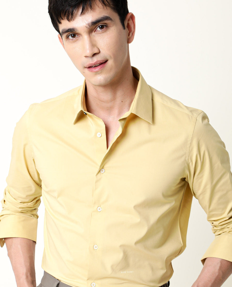Rare Rabbit Men's Neutro Ls Mustard Cotton Plain Tailored Fit Full Sleeve Collared Shirt