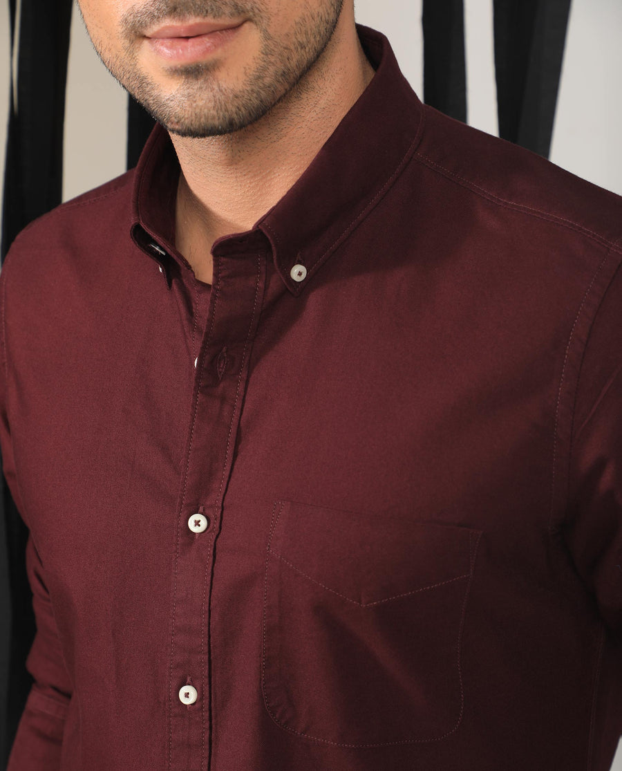 Rare Rabbit Men's Auxfo Maroon Cotton Plain Regular Fit Full Sleeve Button-Down Collar Shirt