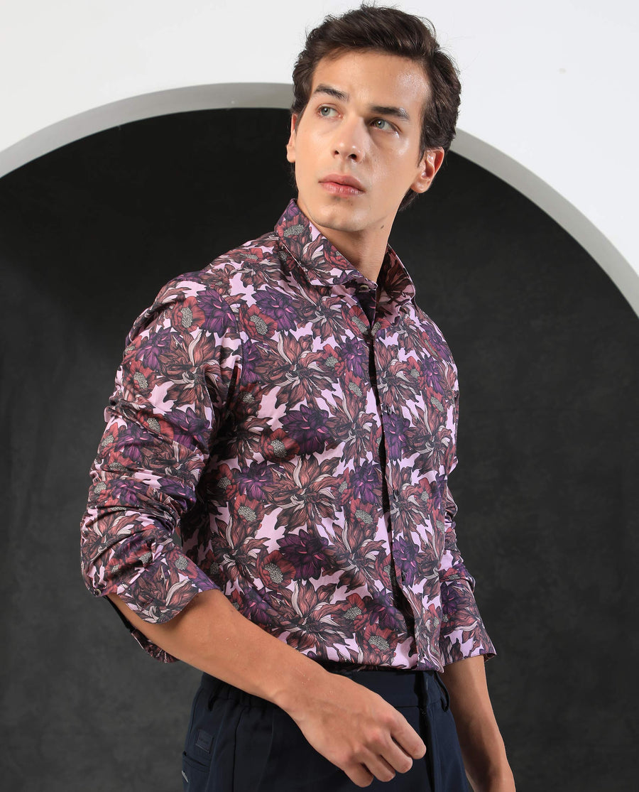 Rare Rabbit Men's Ezee Purple Cotton Floral Print Regular Fit Full Sleeve Collared Shirt