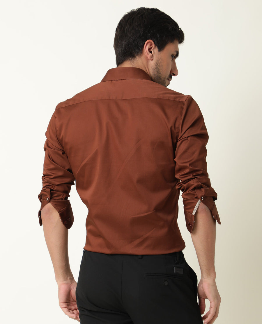 Rare Rabbit Men's Holand Rust Satin Plain Regular Fit Full Sleeve Collared Shirt