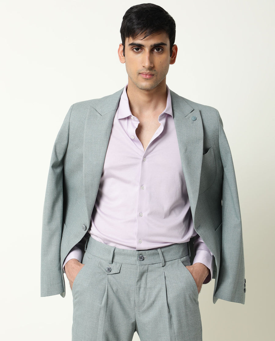 Rare Rabbit Men's Dexit Green Polyester Plain Tailored Fit Full Sleeve Lapel Neck Blazer