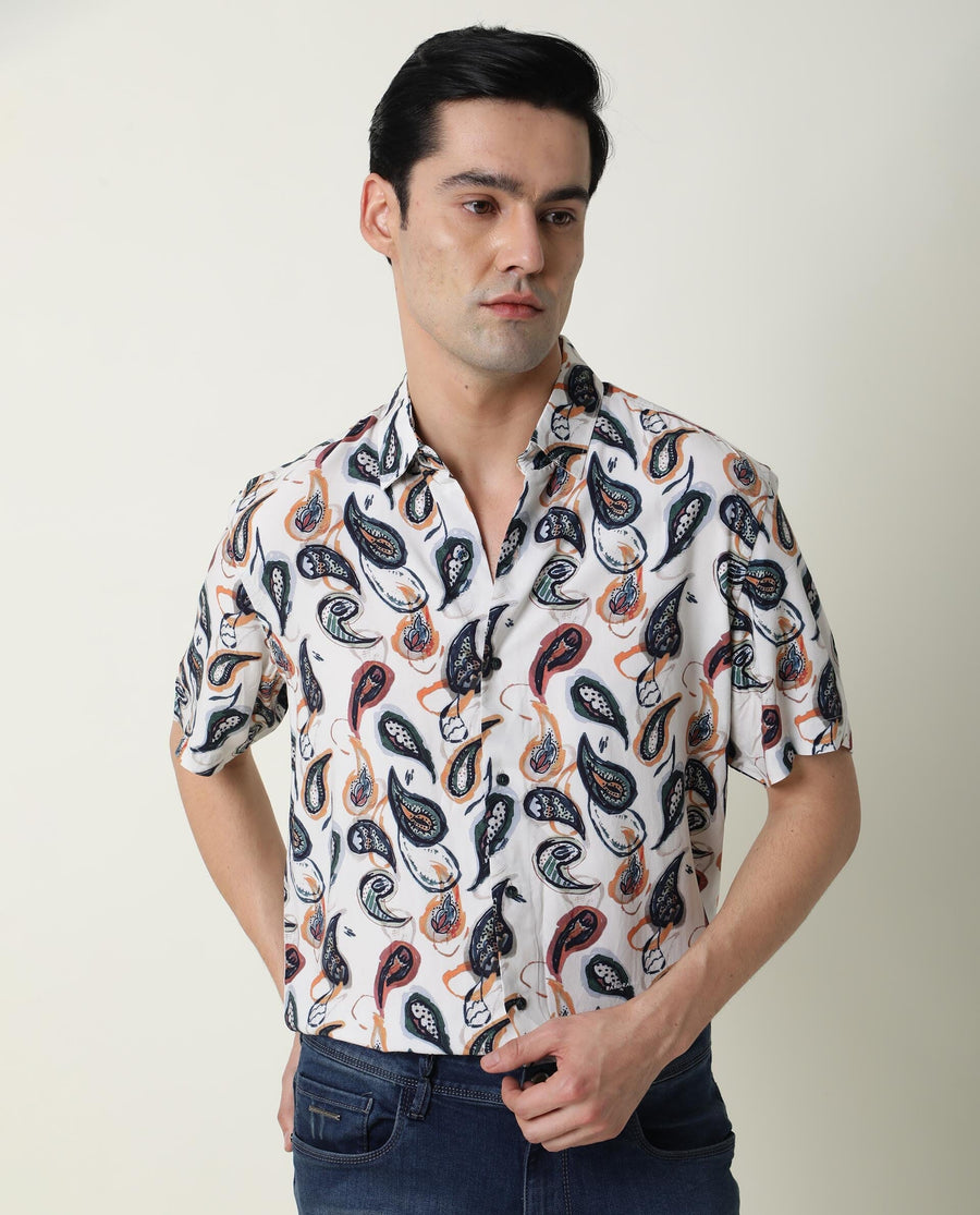 Rare Rabbit Men's Ivys Ss Beige Viscose Printed Regular Fit Half Sleeve Collared Shirt