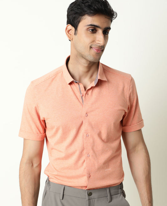 Rare Rabbit Men's Miraj Orange Cotton Plain Regular Fit Half Sleeve Collared Shirt