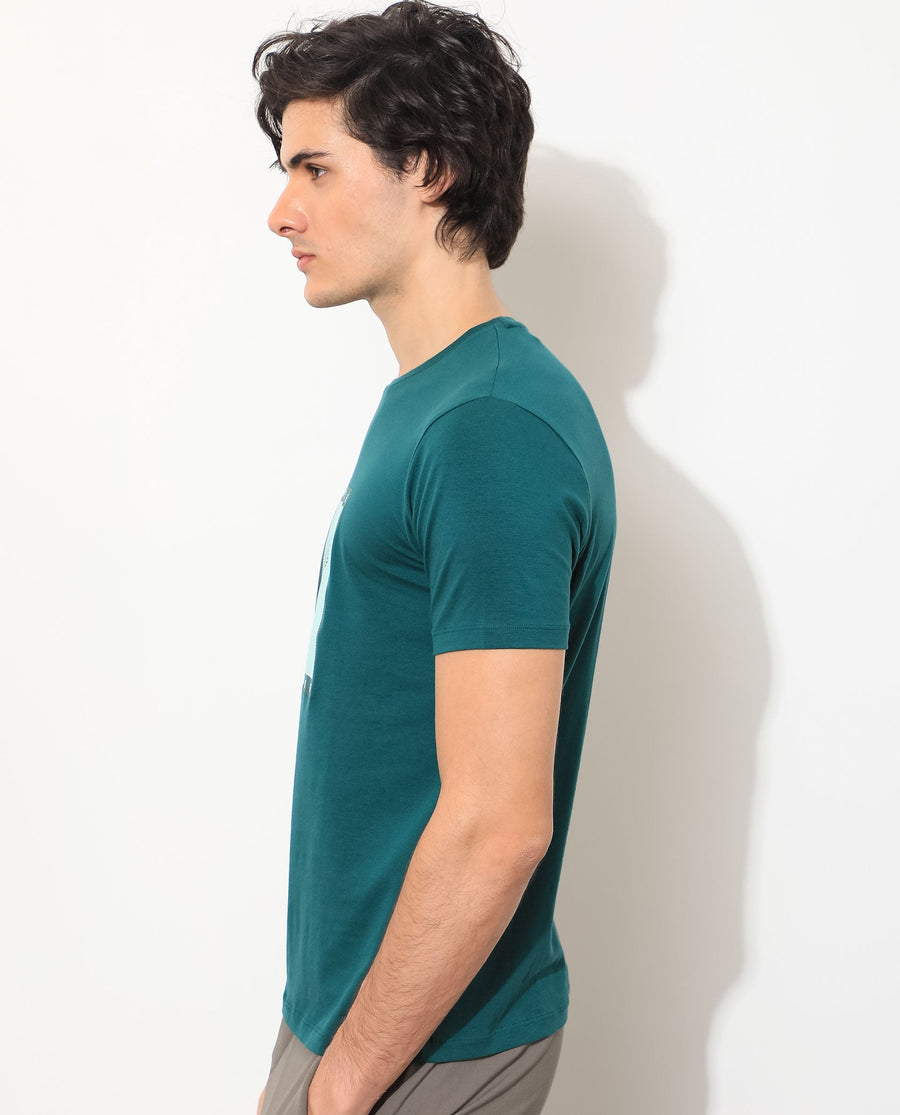 Rare Rabbit Men's Princeton Green Cotton Graphic Print Slim Fit Half Sleeve Crew Neck T-Shirt