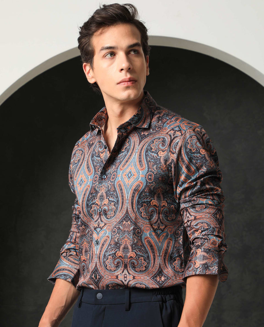 Rare Rabbit Men's Merger Navy Cotton Paisley Print Regular Fit Full Sleeve Collared Shirt