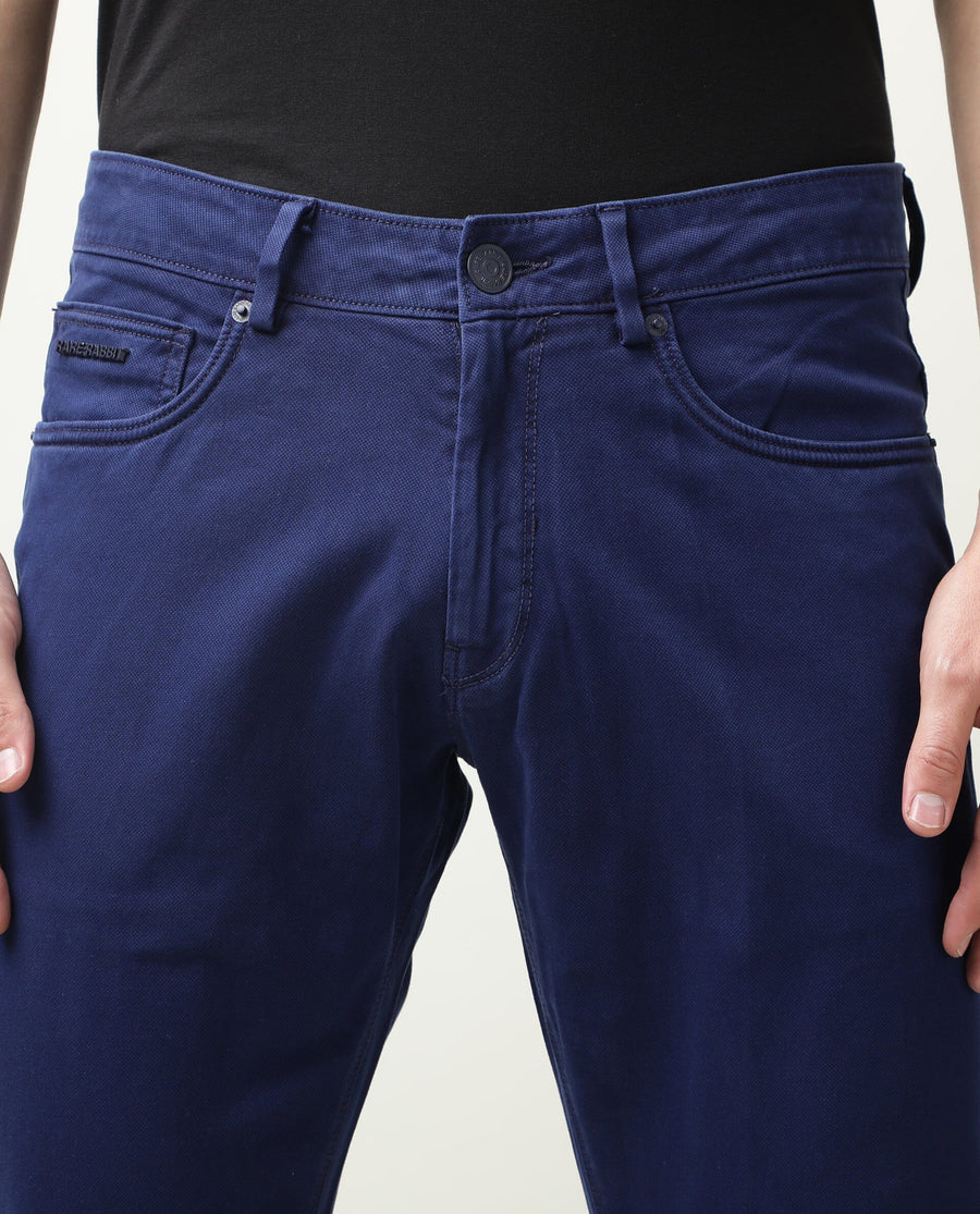 Rare Rabbit Men's Fiv5 Blue Cotton Plain Slim Fit Trouser