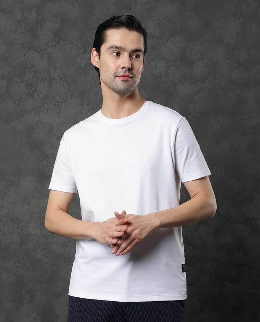 Rare Rabbit Men's Gis White Cotton Plain Slim Fit Half Sleeve Crew Neck T-Shirt