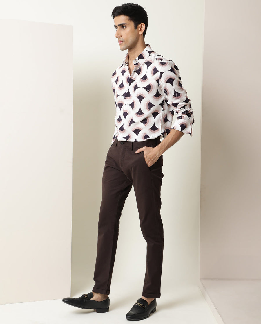 Rare Rabbit Men's Febug Off White Viscose Geometric Print Regular Fit Full Sleeve Collared Shirt