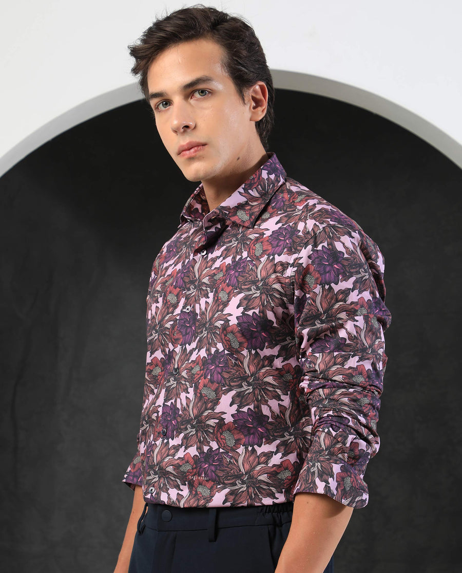 Rare Rabbit Men's Ezee Purple Cotton Floral Print Regular Fit Full Sleeve Collared Shirt