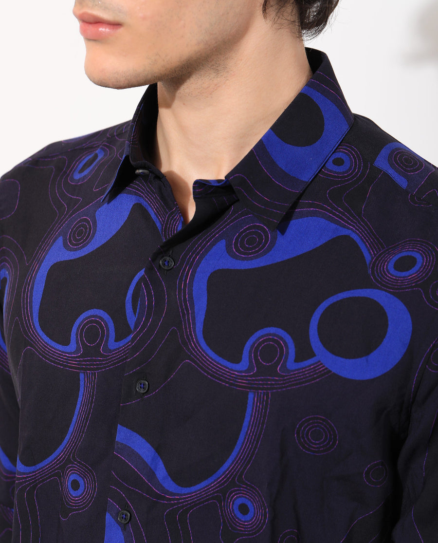 Rare Rabbit Men's Inlet Navy Cotton Abstract Print Regular Fit Full Sleeve Collared Shirt