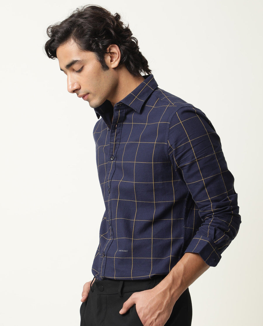 Rare Rabbit Men's Corneto Navy Cotton Checked Print Regular Fit Full Sleeve Collared Shirt