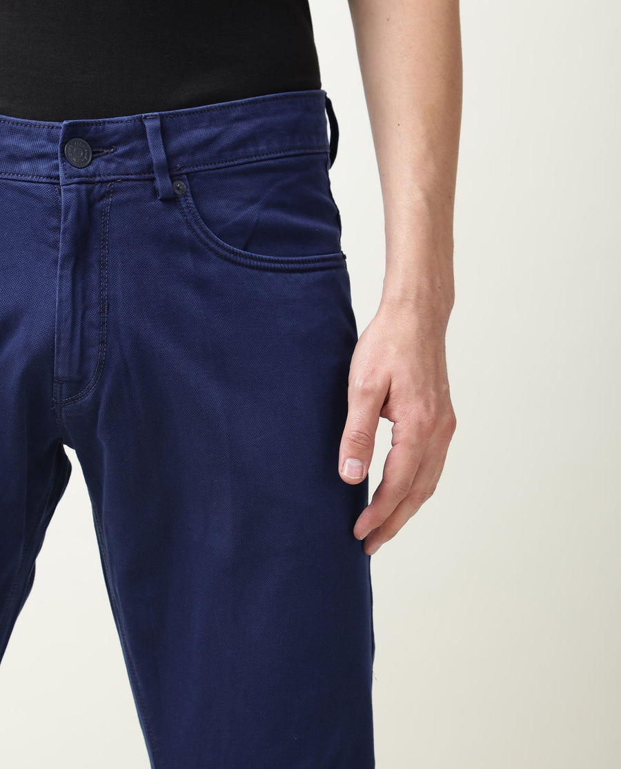 Rare Rabbit Men's Fiv5 Blue Cotton Plain Slim Fit Trouser