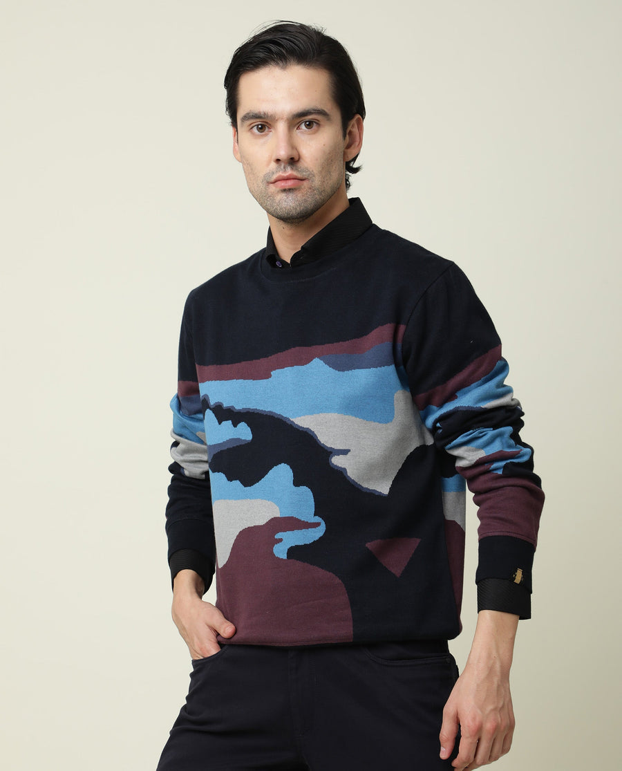 Rare Rabbit Men's Hill Navy Cotton Jacquard Slim Fit Full Sleeve Crew Neck Sweatshirt