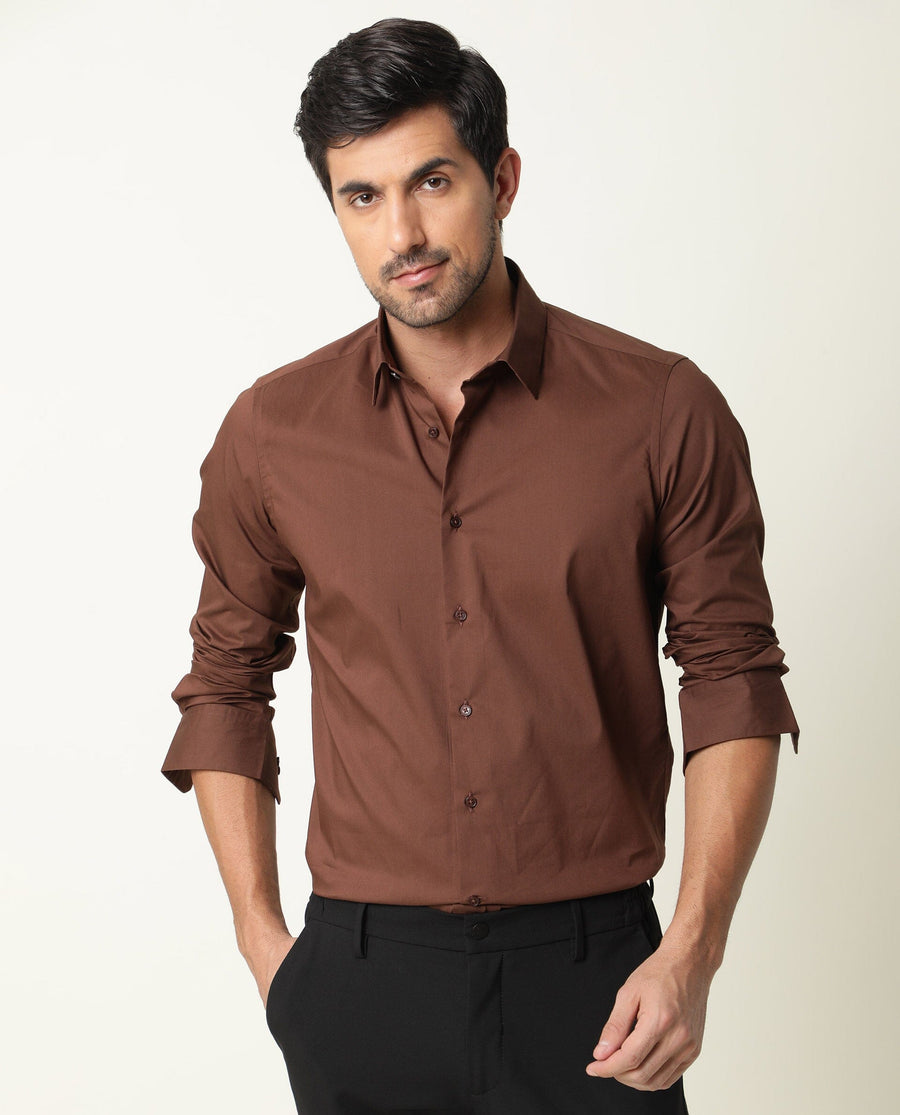 Rare Rabbit Men's Benedict Brown Cotton Plain Regular Fit Full Sleeve Collared Shirt