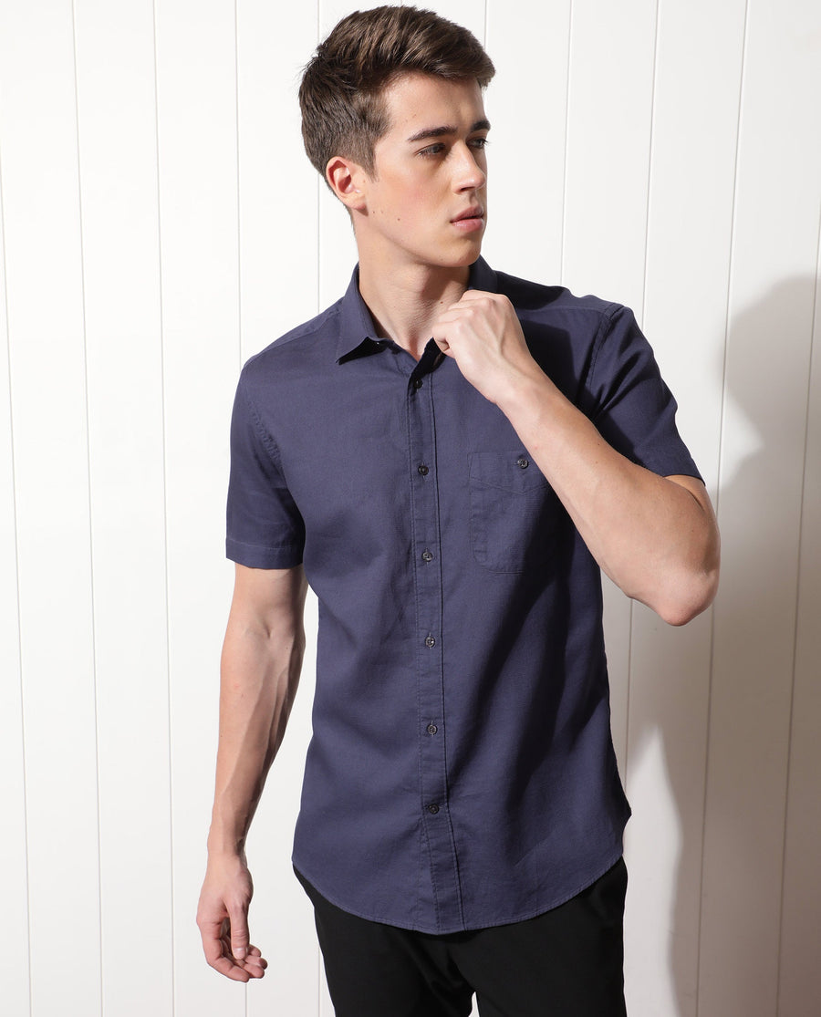 Rare Rabbit Men's Affle Dark Purple Cotton Plain Tailored Fit Half Sleeve Collared Shirt