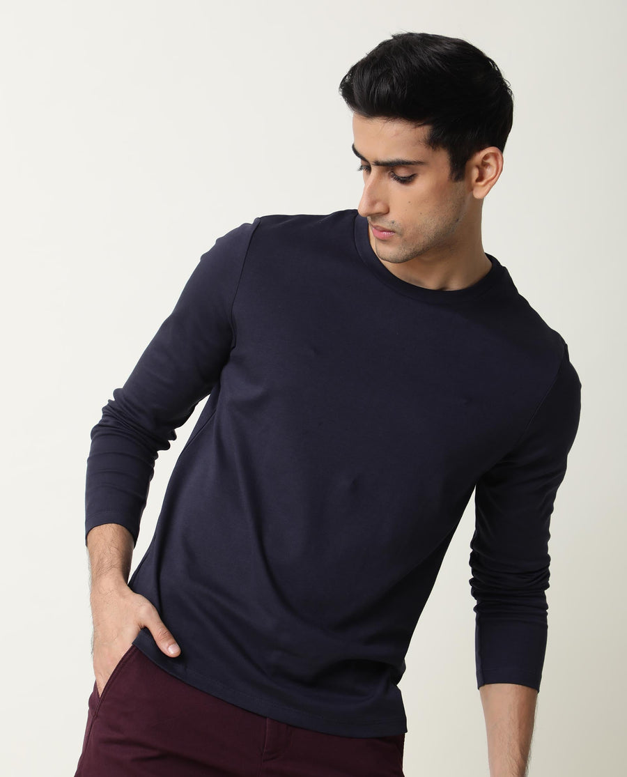 Rare Rabbit Men's Full Navy Cotton Plain Slim Fit Half Sleeve Crew Neck T-Shirt