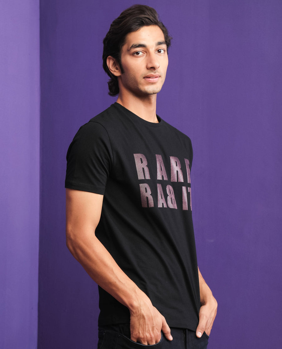 Rare Rabbit Men's Electricc Black Cotton Graphic Print Slim Fit Half Sleeve Crew Neck T-Shirt