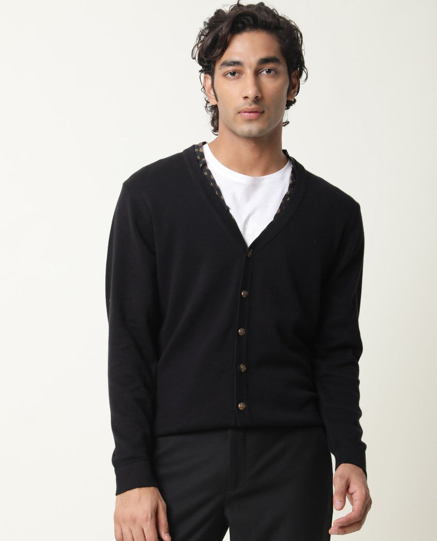 Rare Rabbit Men's Richer Black Cotton Plain Relaxed Fit Full Sleeve V-Neck Sweater