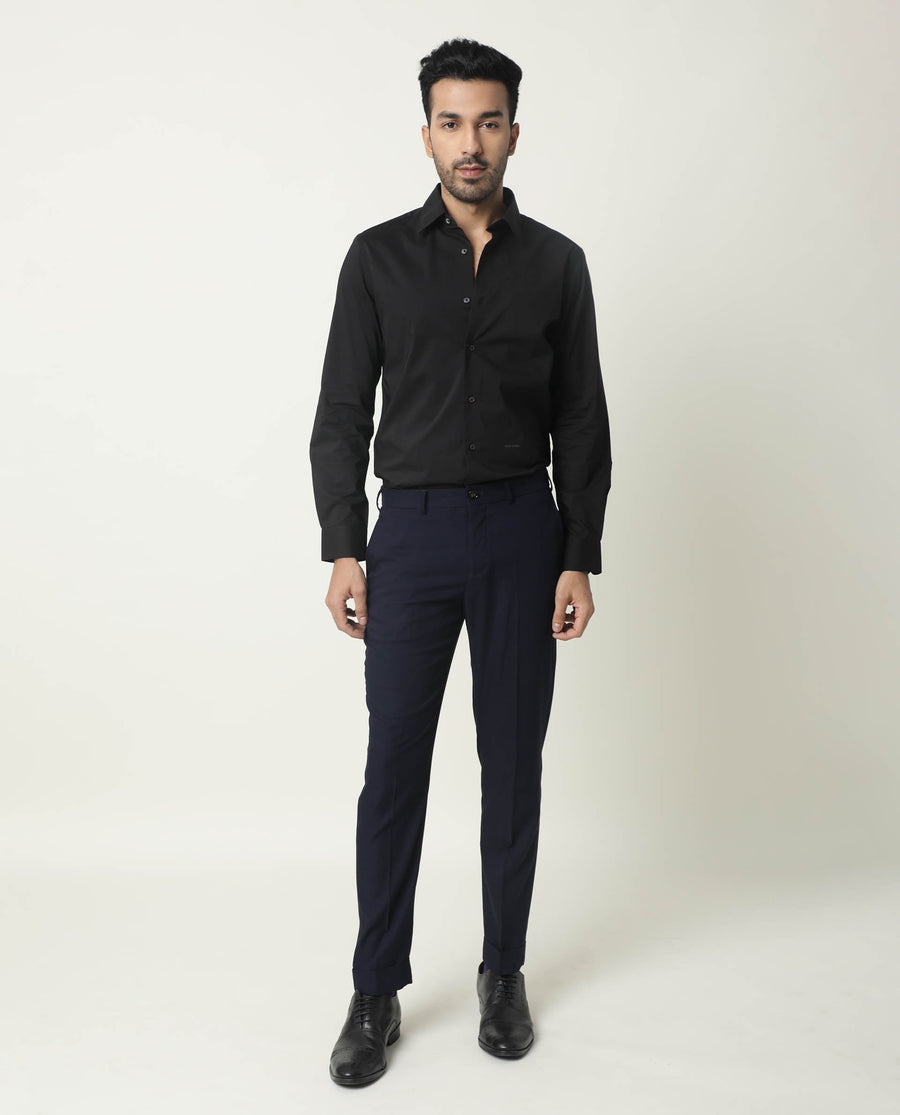 Rare Rabbit Men's Neutro Ls Black Polyester Plain Regular Fit Full Sleeve Collared Shirt