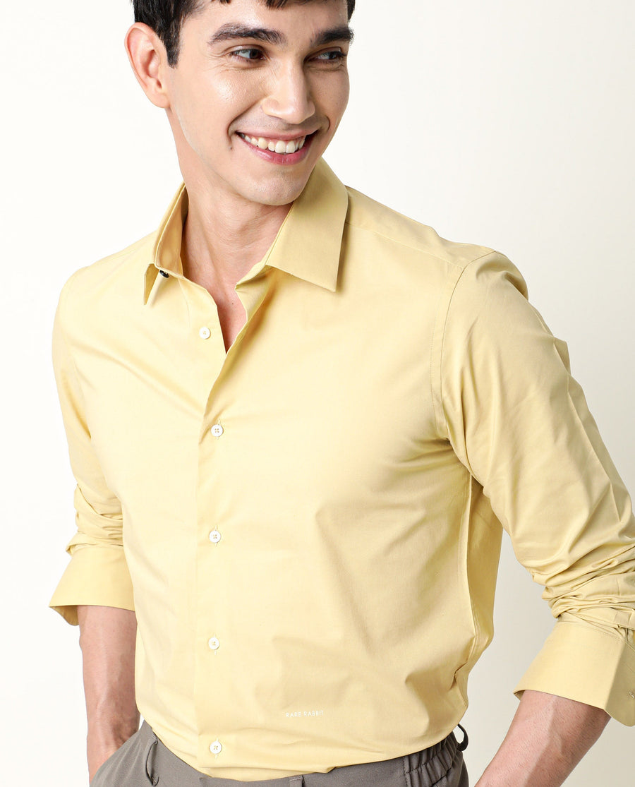 Rare Rabbit Men's Neutro Ls Mustard Cotton Plain Tailored Fit Full Sleeve Collared Shirt