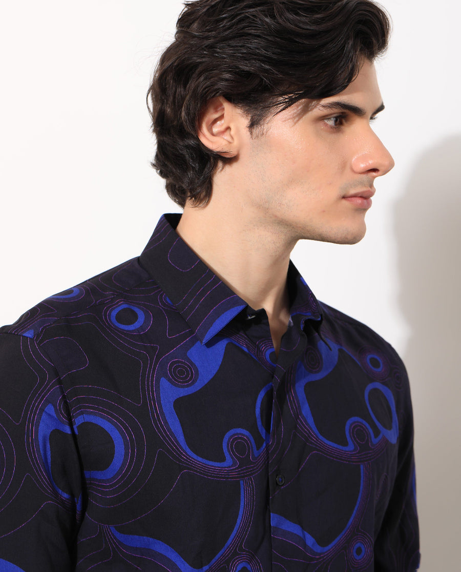 Rare Rabbit Men's Inlet Navy Cotton Abstract Print Regular Fit Full Sleeve Collared Shirt