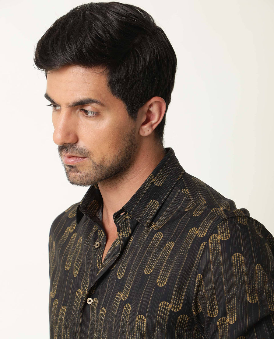 Rare Rabbit Men's Marshey Black Cotton Abstract Print Regular Fit Full Sleeve Collared Shirt