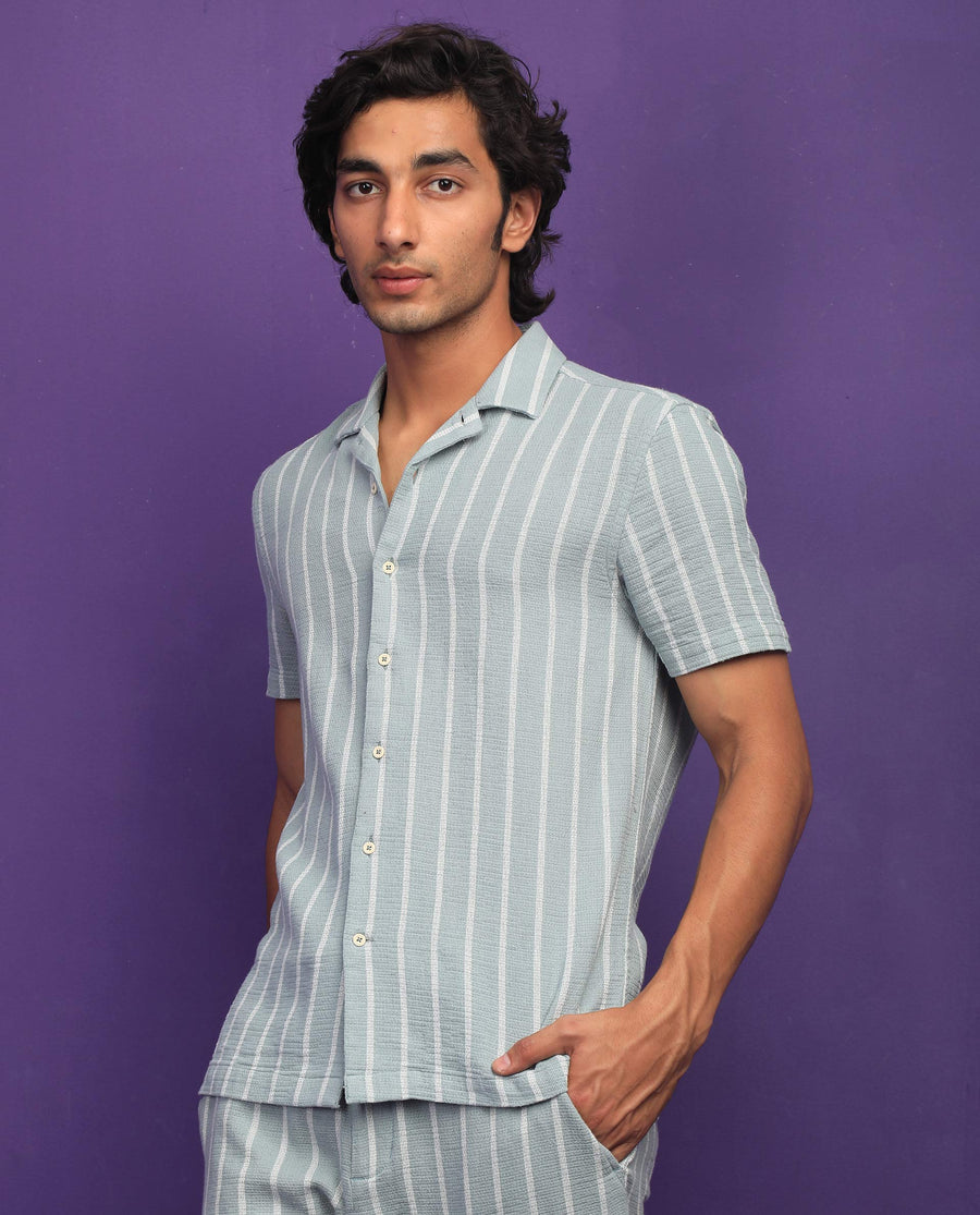 Rare Rabbit Men's Nanos Pastel Green Cotton Striped Print Regular Fit Half Sleeve Cuban Collar Shirt