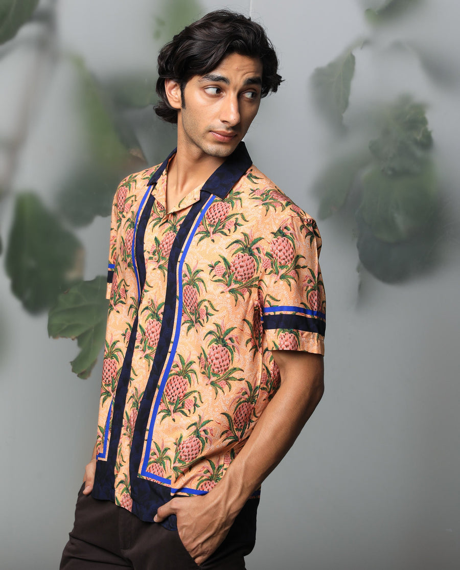 Rare Rabbit Men's Banes Beige Viscose Floral Print Regular Fit Half Sleeve Cuban Collar Shirt