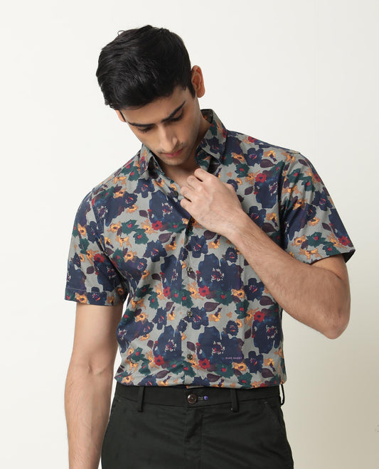 Rare Rabbit Men's Vishh Green Cotton Floral Print Regular Fit Half Sleeve Collared Shirt